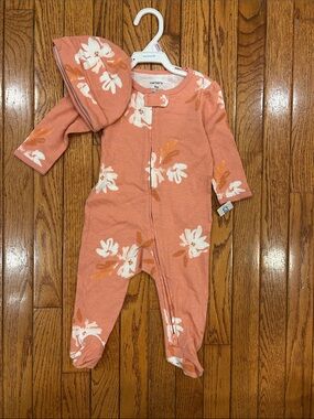 Carter's Coral Floral Footed One-Piece with Matching Hat